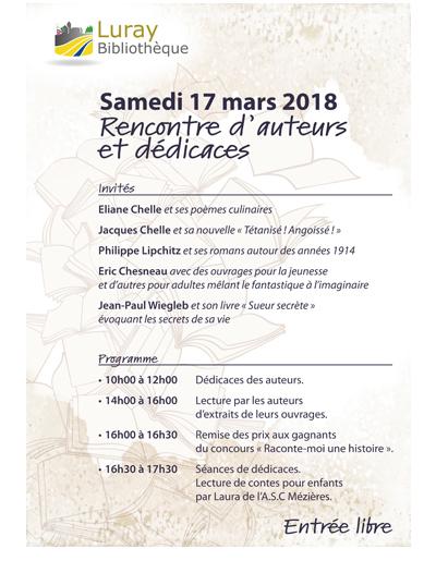 Luray Bibliothèque - Rencontres-dédicaces - Samedi 17 mars 2018